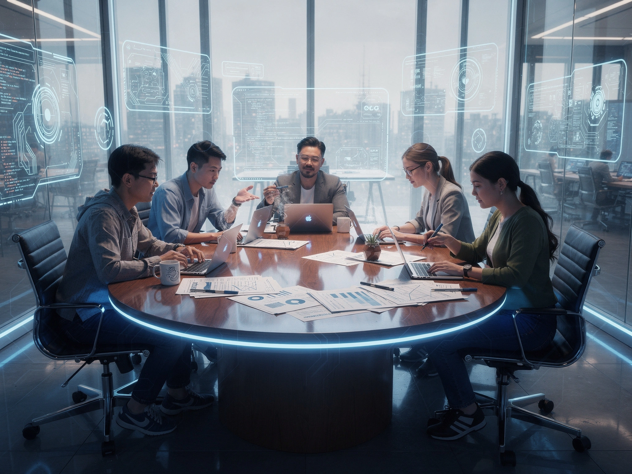 Engineers reviewing a product build